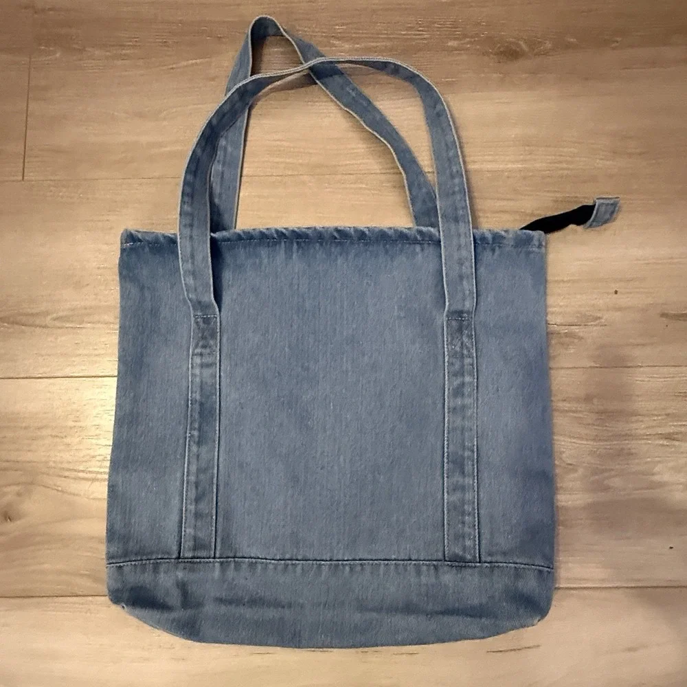 Light Wash Denim Tote Bag Zipper‎ Closure Blue Cotton Shopper Handbag Womens